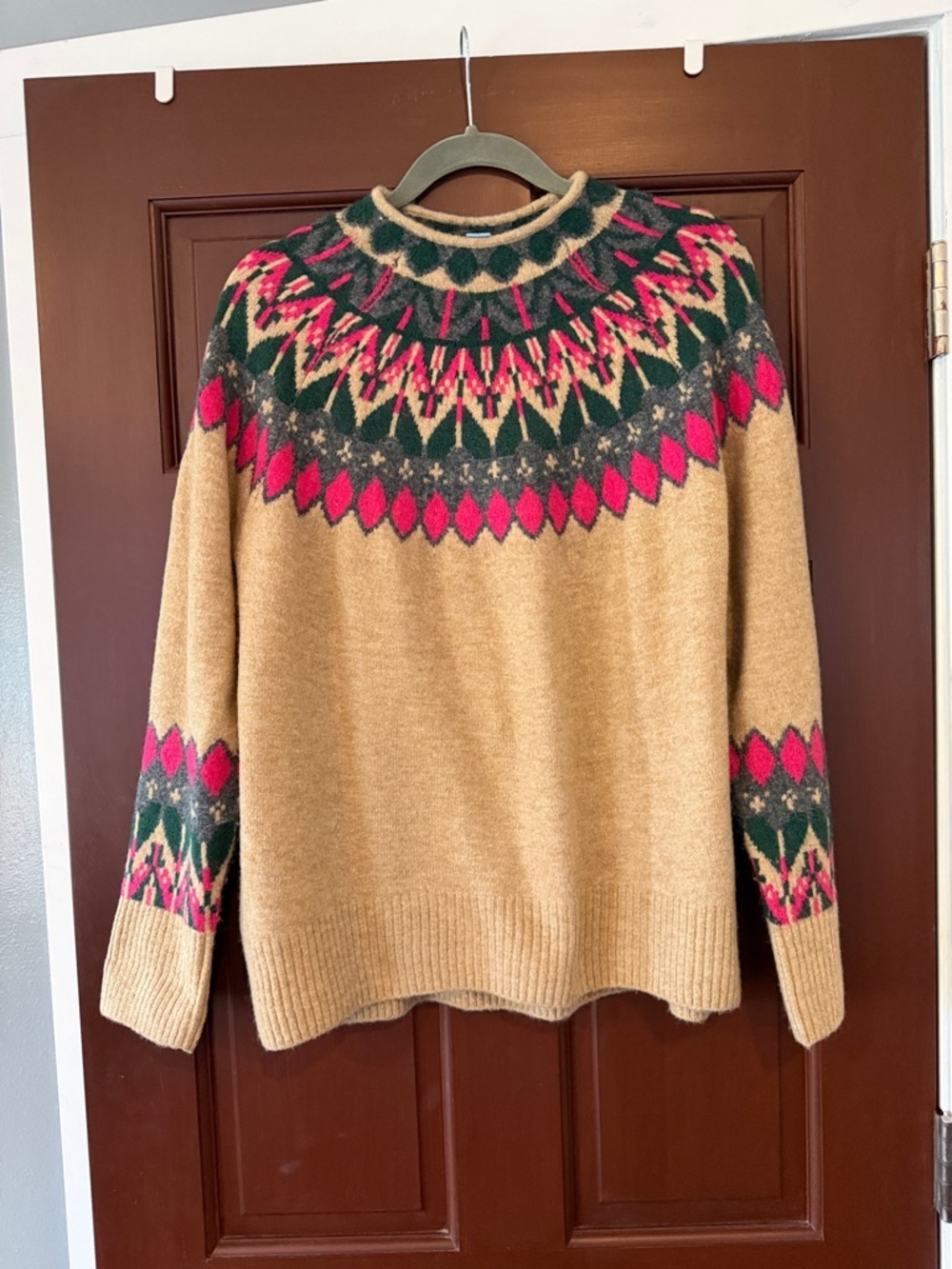 CeCe Tan Fair Isle Cowl Neck Sweater with Pink & Green Accents - Picture 2 of 6